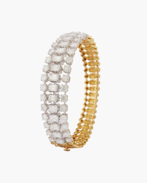 Emerald Cut Halo diamond Bangle Bracelet In 18K Rose Gold | Diamond  bracelet design, Diamond bangles bracelet, Single diamond bracelet